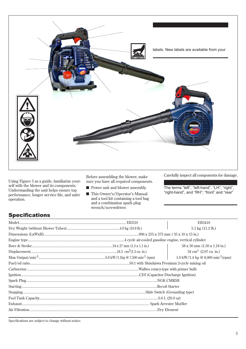 Unit description, Specifications | Shindaiwa 68907-94311 User Manual | Page 5 / 56