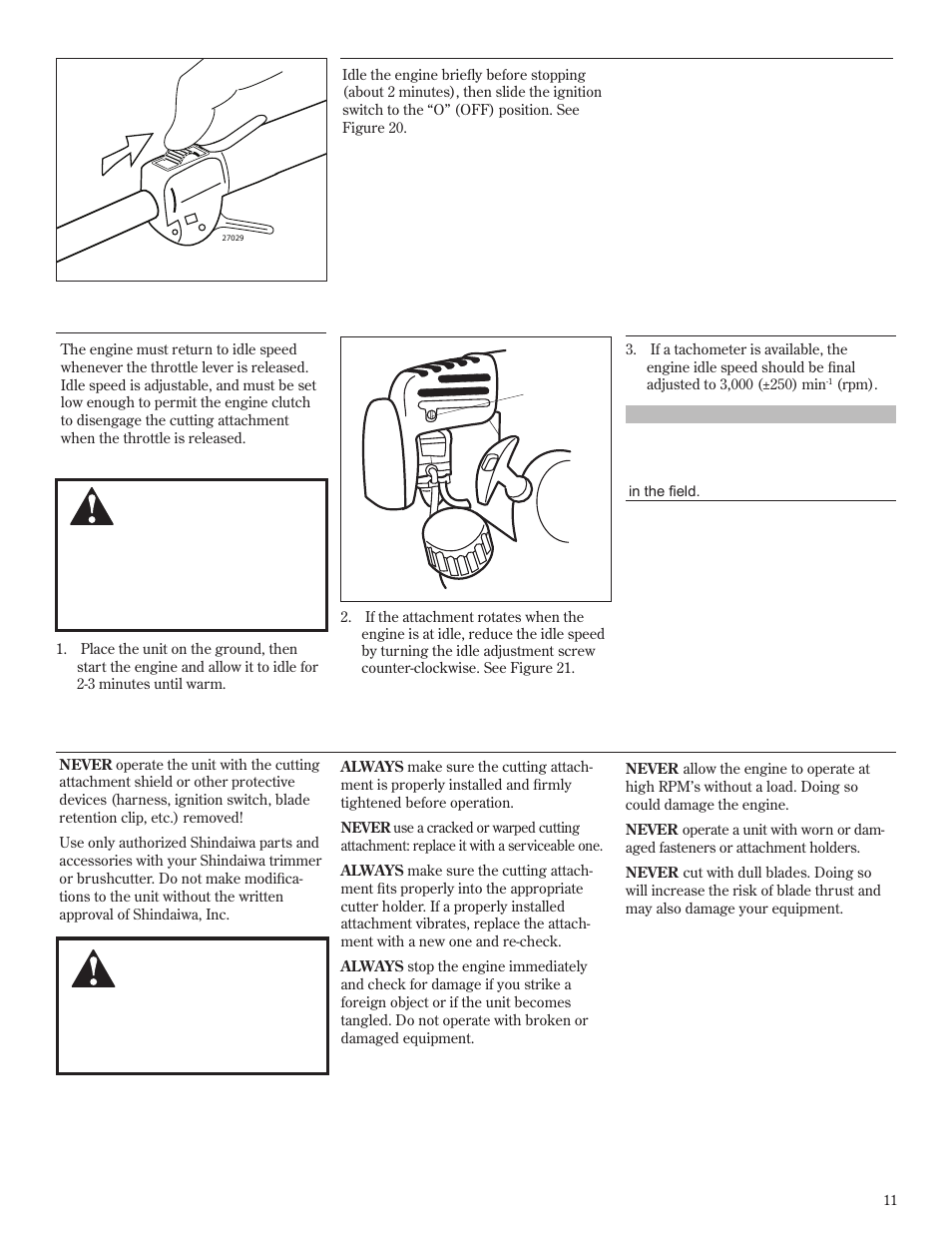 Stopping the engine engine idle adjustment, Stopping the engine, Engine idle adjustment | Checking unit condition | Shindaiwa T272X User Manual | Page 11 / 40