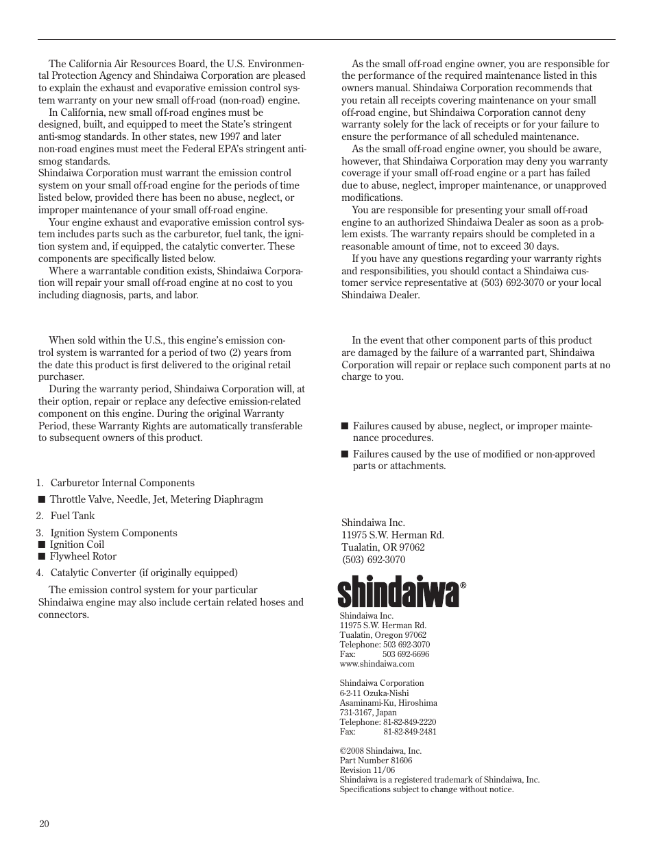 Emission system warranty statement | Shindaiwa T272X User Manual | Page 20 / 40