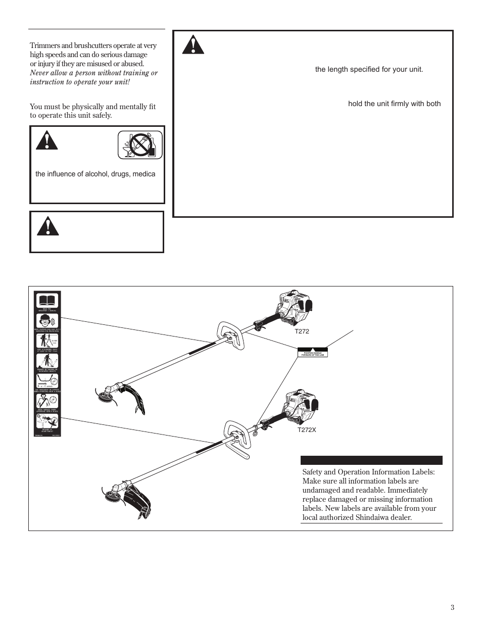 General safety instructions safety labels, General safety instructions, Safety labels | Shindaiwa T272X User Manual | Page 3 / 40