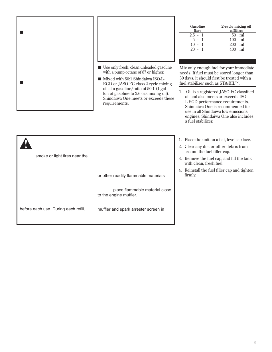 Mixing fuel filling the fuel tank, Mixing fuel, Filling the fuel tank | Shindaiwa T272X User Manual | Page 9 / 40