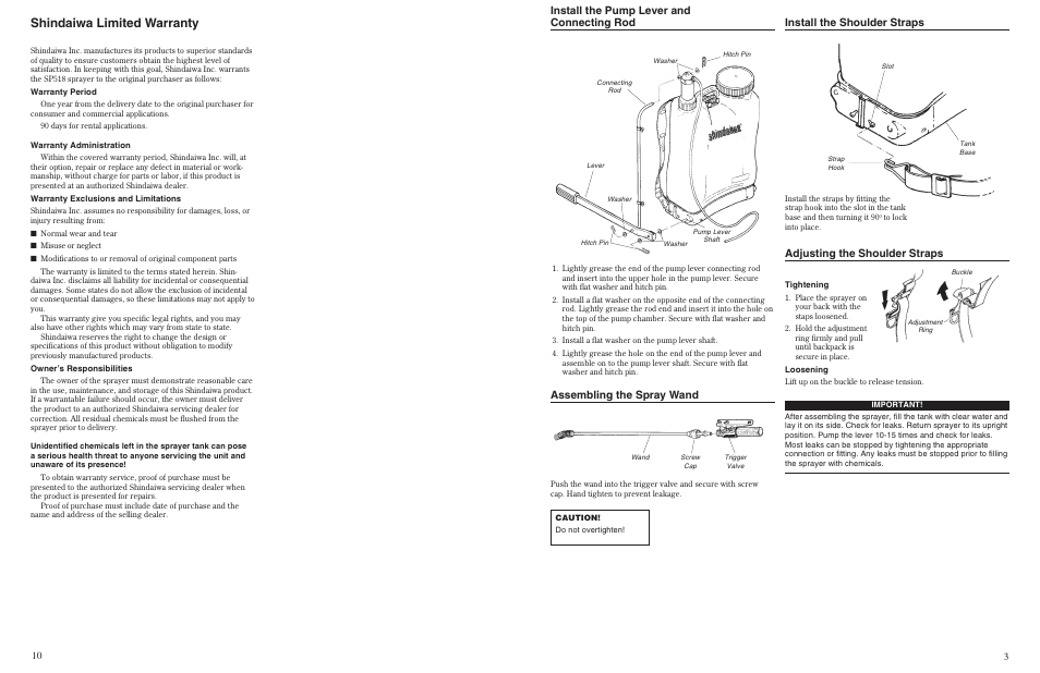 Shindaiwa limited warranty, Install the pump lever and connecting rod, Install the shoulder straps | Assembling the spray wand, Adjusting the shoulder straps | Shindaiwa 80702 User Manual | Page 3 / 6