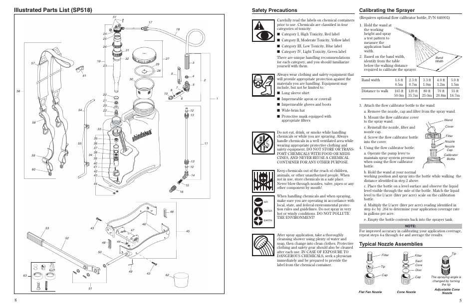 Illustrated parts list (sp518), Calibrating the sprayer safety precautions, Typical nozzle assemblies | Shindaiwa 80702 User Manual | Page 5 / 6