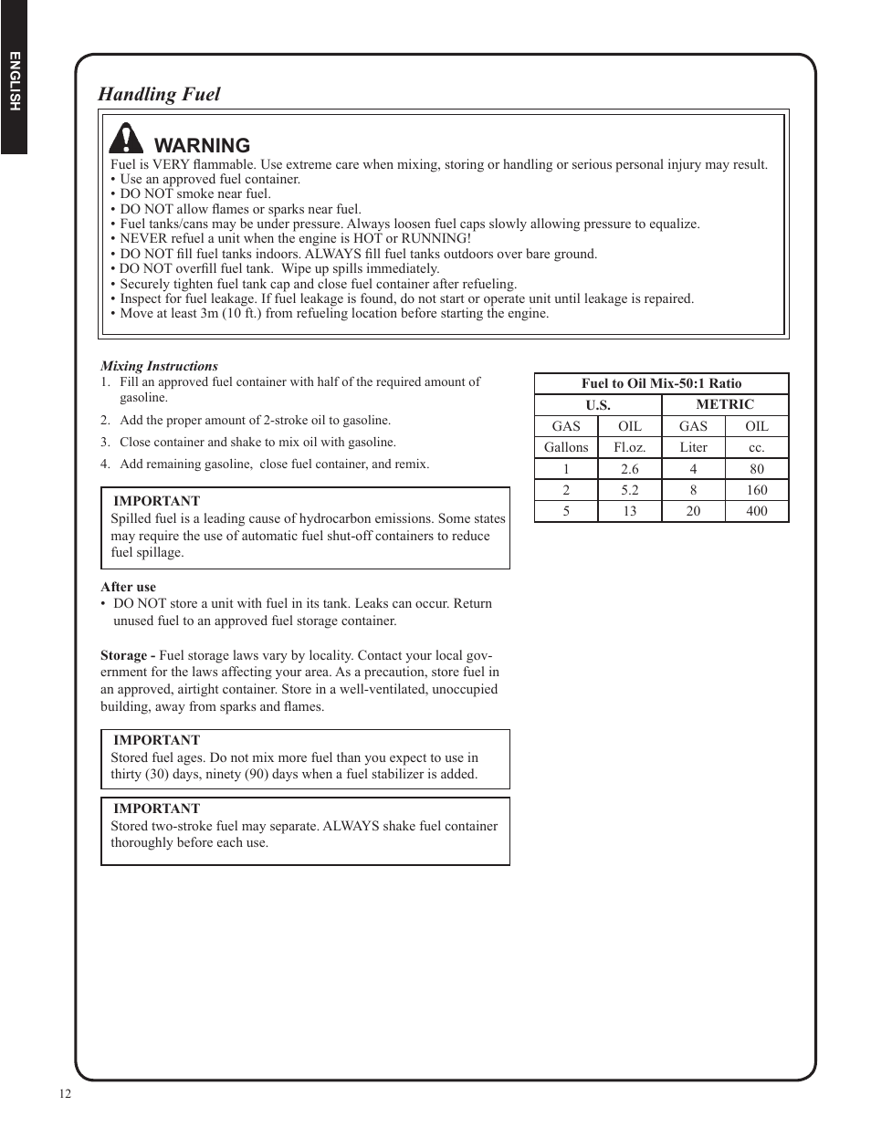 Handling fuel, Warning | Shindaiwa DH212 User Manual | Page 12 / 96