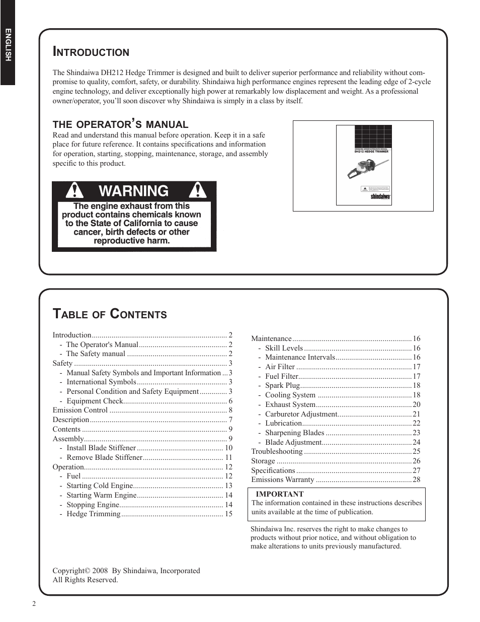 Shindaiwa DH212 User Manual | Page 2 / 96