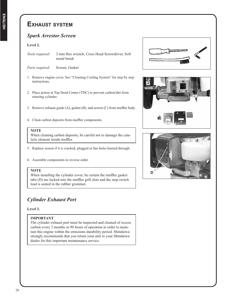 Spark arrestor screen, Cylinder exhaust port | Shindaiwa DH212 User Manual | Page 20 / 96