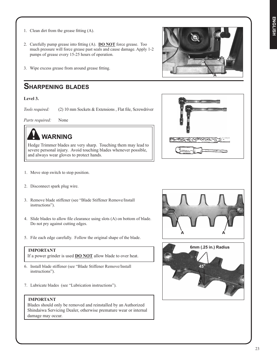 Warning, Harpening, Blades | Shindaiwa DH212 User Manual | Page 23 / 96