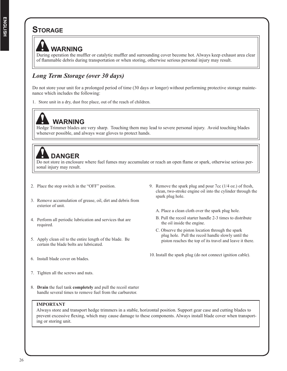 Warning, Long term storage (over 30 days), Danger | Torage | Shindaiwa DH212 User Manual | Page 26 / 96