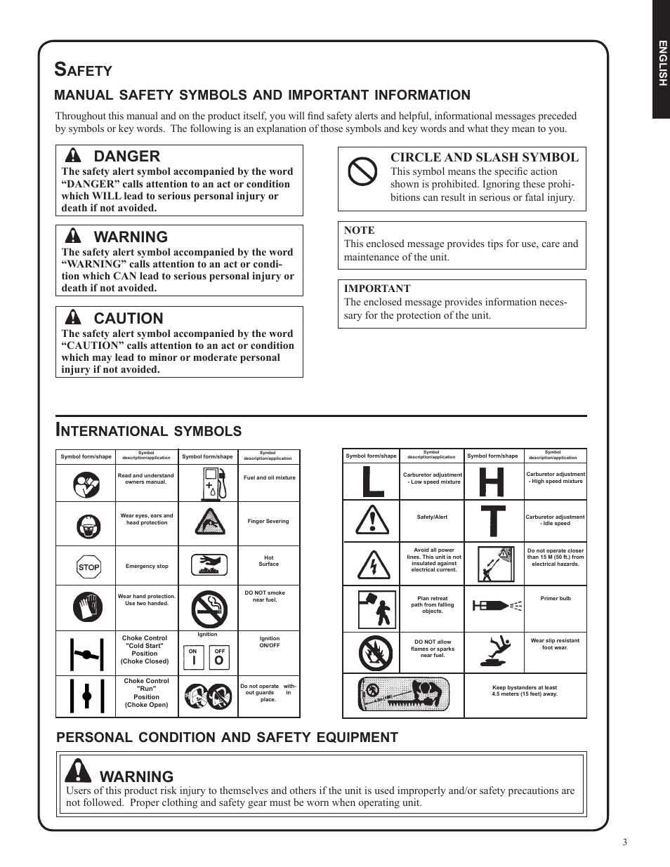 Warning, Caution, Danger | Nternational, Symbols, Afety manual, Safety, Important, Information, Personal | Shindaiwa DH212 User Manual | Page 3 / 96