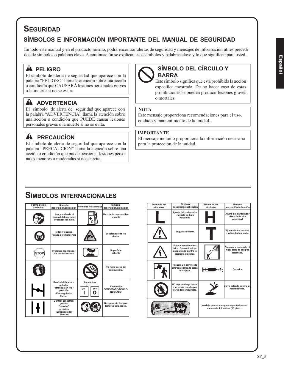 Ímbolos, Internacionales, Eguridad símbolos | Información, Importante, Manual, Seguridad, Símbolo del círculo y barra, Advertencia, Precaucíon | Shindaiwa DH212 User Manual | Page 35 / 96