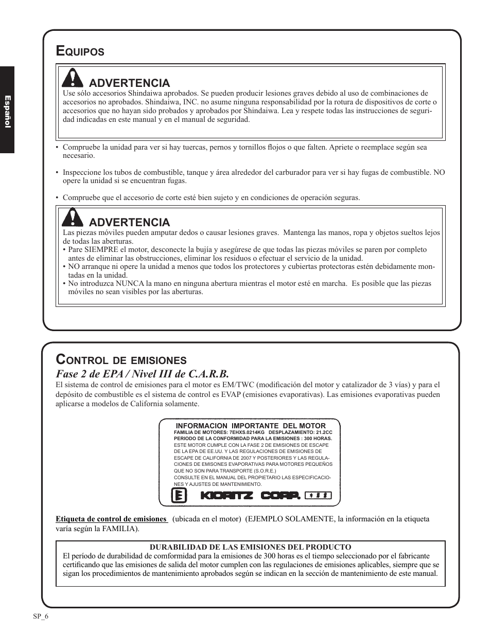 Advertencia, Fase 2 de epa / nivel iii de c.a.r.b | Shindaiwa DH212 User Manual | Page 38 / 96