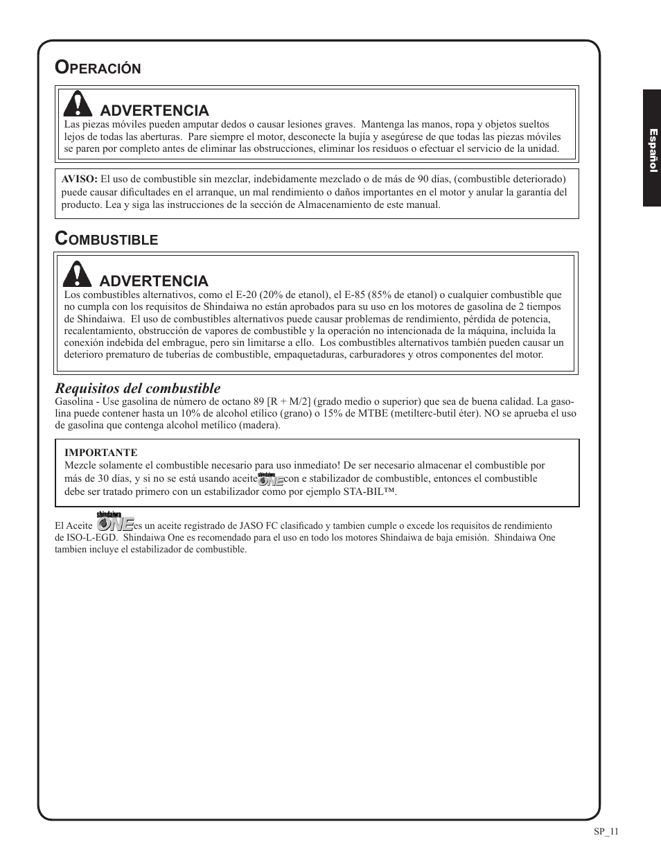 Advertencia, Requisitos del combustible | Shindaiwa DH212 User Manual | Page 43 / 96