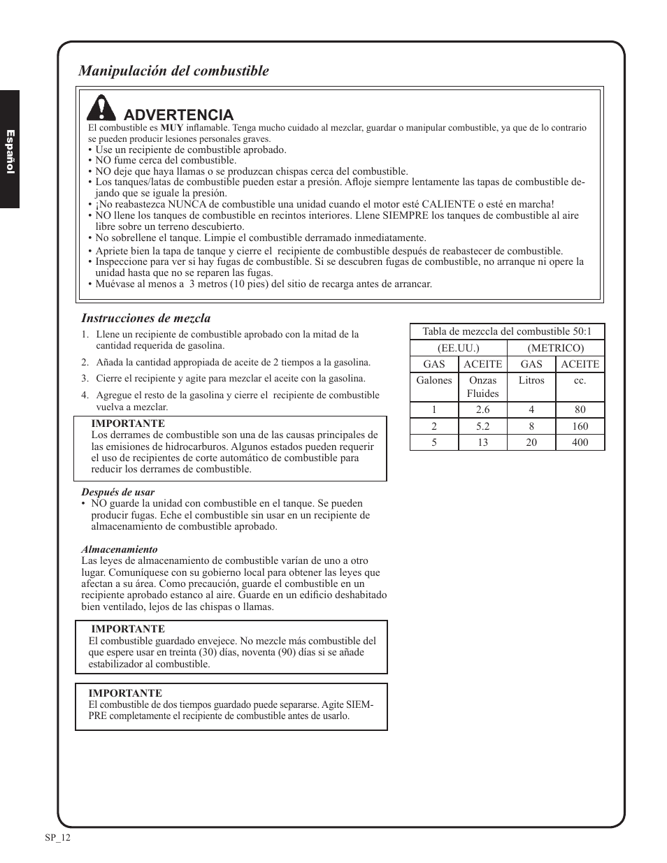 Manipulación del combustible advertencia | Shindaiwa DH212 User Manual | Page 44 / 96