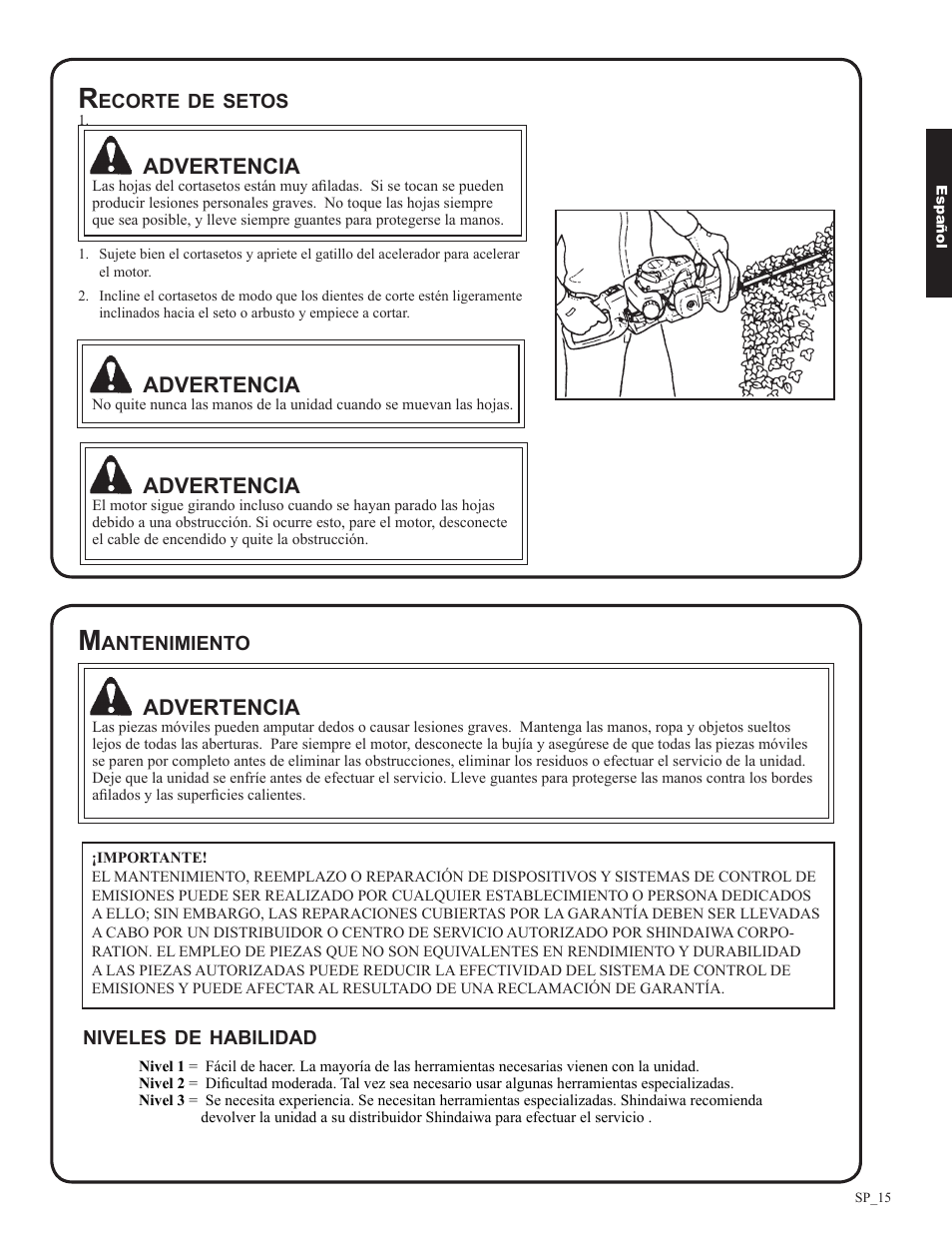 Advertencia | Shindaiwa DH212 User Manual | Page 47 / 96