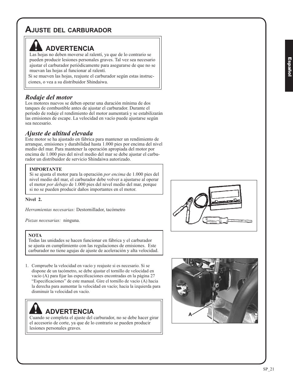 Advertencia, Rodaje del motor, Ajuste de altitud elevada | Shindaiwa DH212 User Manual | Page 53 / 96