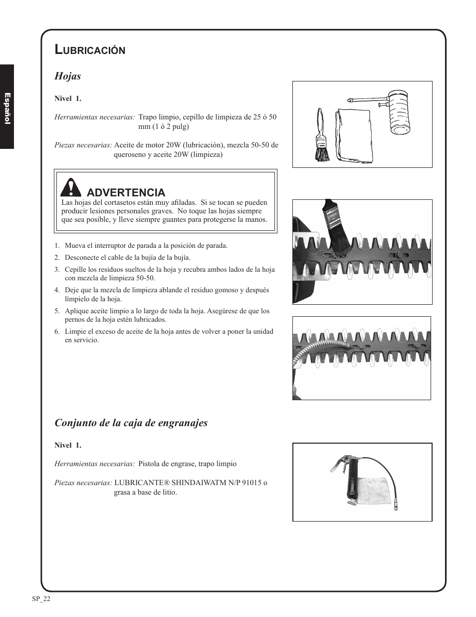 Hojas, Advertencia, Conjunto de la caja de engranajes | Shindaiwa DH212 User Manual | Page 54 / 96