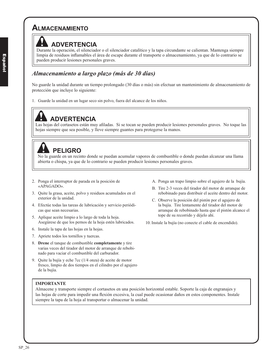 Advertencia, Almacenamiento a largo plazo (más de 30 días), Peligro | Lmacenamiento | Shindaiwa DH212 User Manual | Page 58 / 96