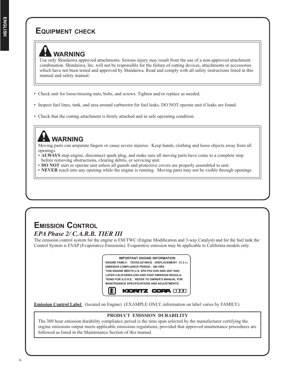 Warning, Epa phase 2/ c.a.r.b. tier iii | Shindaiwa DH212 User Manual | Page 6 / 96