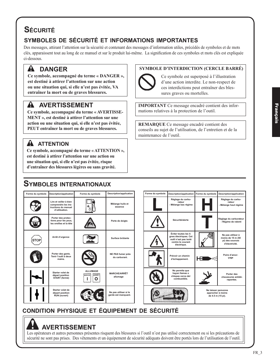 Avertissement, Danger, Écurité symboles | Sécurité, Informations, Importantes, Ymboles, Internationaux, Condition, Physique | Shindaiwa DH212 User Manual | Page 67 / 96