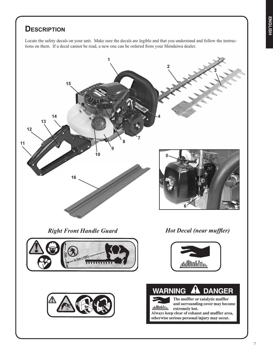 Hot decal (near muffler) right front handle guard | Shindaiwa DH212 User Manual | Page 7 / 96