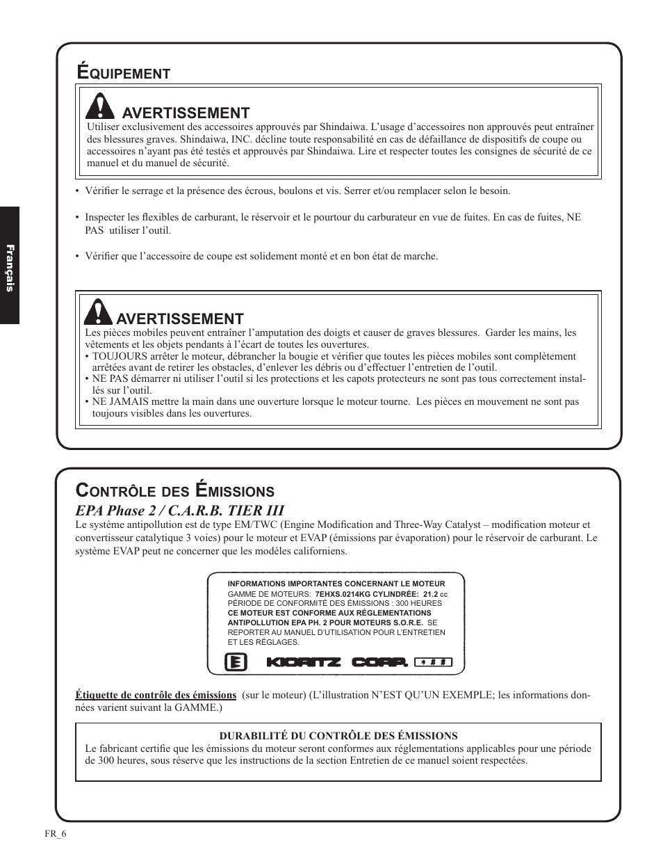 Avertissement, Epa phase 2 / c.a.r.b. tier iii | Shindaiwa DH212 User Manual | Page 70 / 96