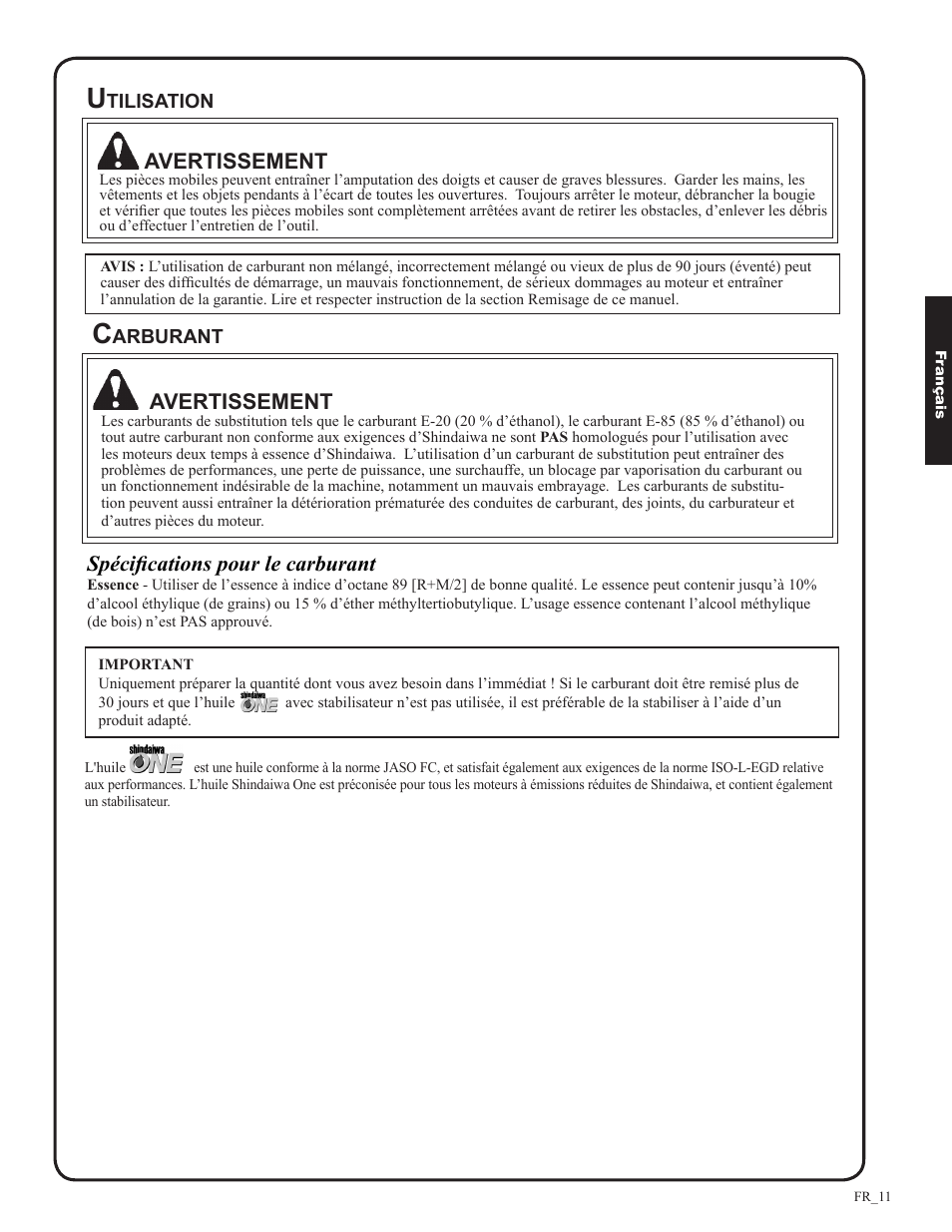 Avertissement, Spécifications pour le carburant | Shindaiwa DH212 User Manual | Page 75 / 96