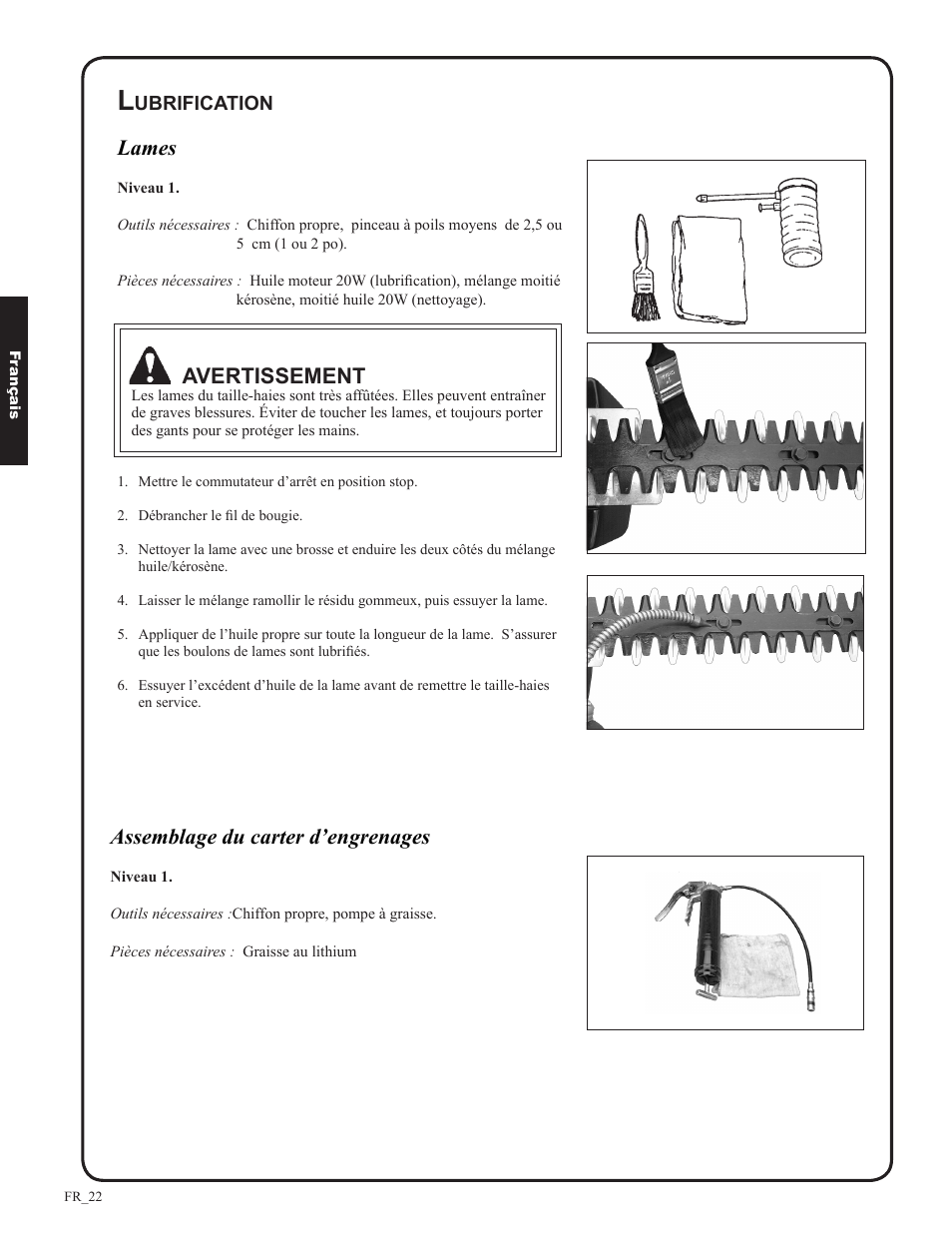 Lames, Avertissement, Assemblage du carter d’engrenages | Shindaiwa DH212 User Manual | Page 86 / 96