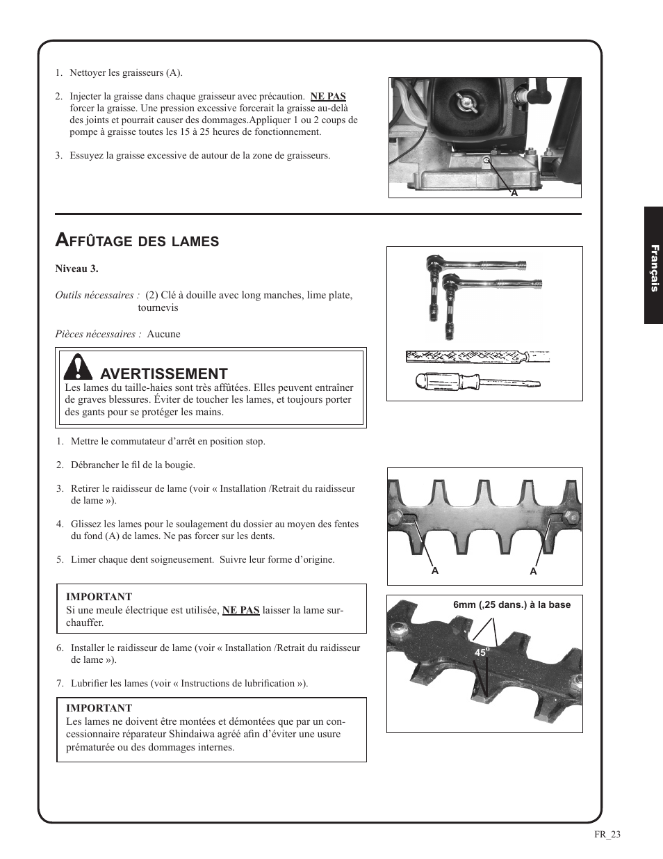 Avertissement, Ffûtage, Lames | Shindaiwa DH212 User Manual | Page 87 / 96