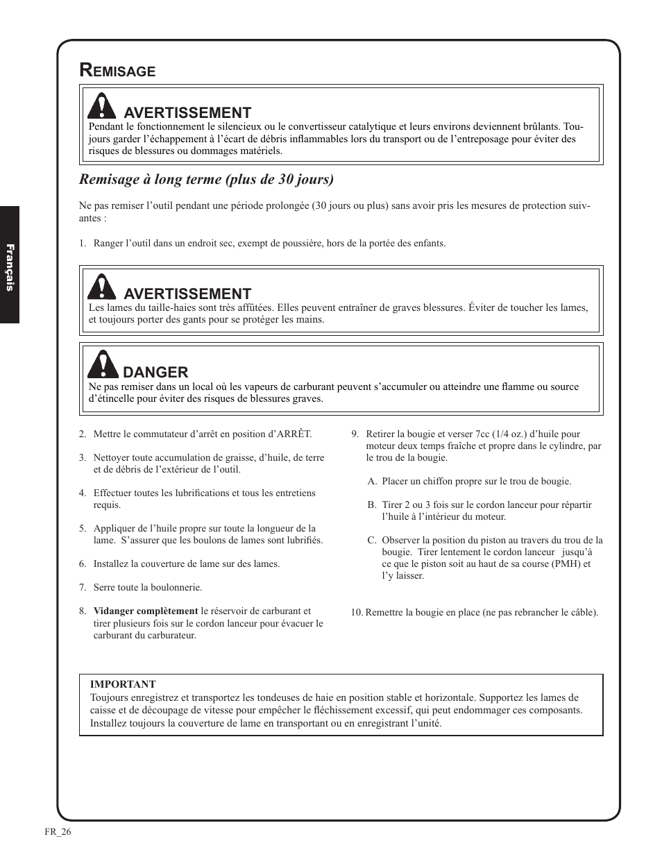 Avertissement, Remisage à long terme (plus de 30 jours), Danger | Emisage | Shindaiwa DH212 User Manual | Page 90 / 96