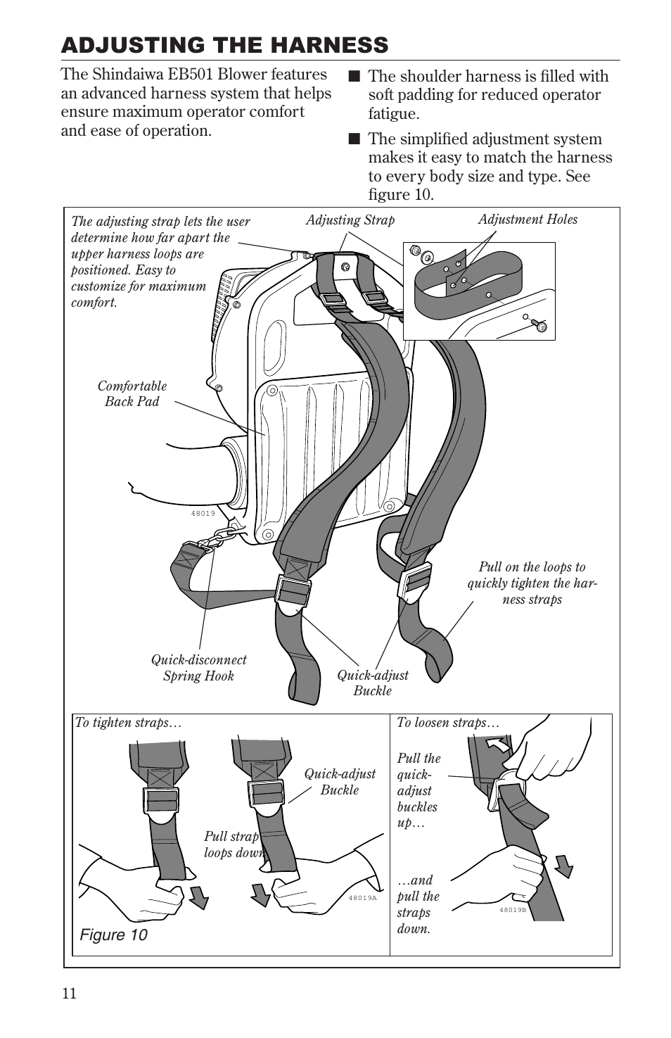 Adjusting the harness | Shindaiwa 68232-94011 User Manual | Page 12 / 24