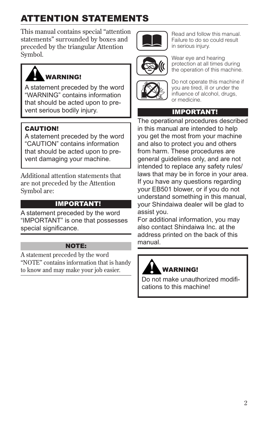 Attention statements | Shindaiwa 68232-94011 User Manual | Page 3 / 24