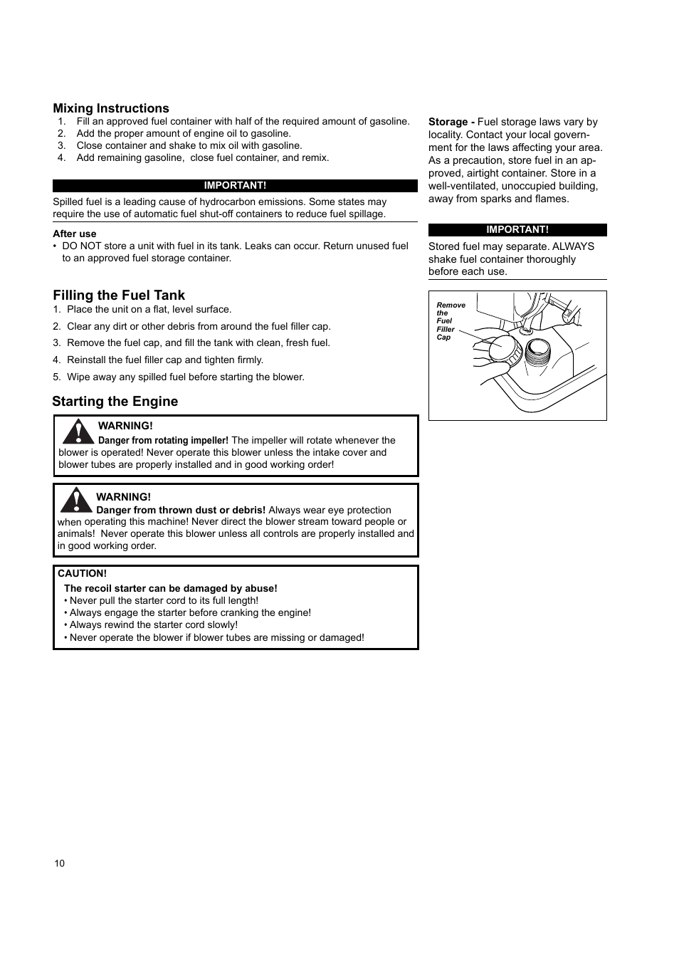 Filling the fuel tank, Starting the engine | Shindaiwa EB802 User Manual | Page 10 / 24