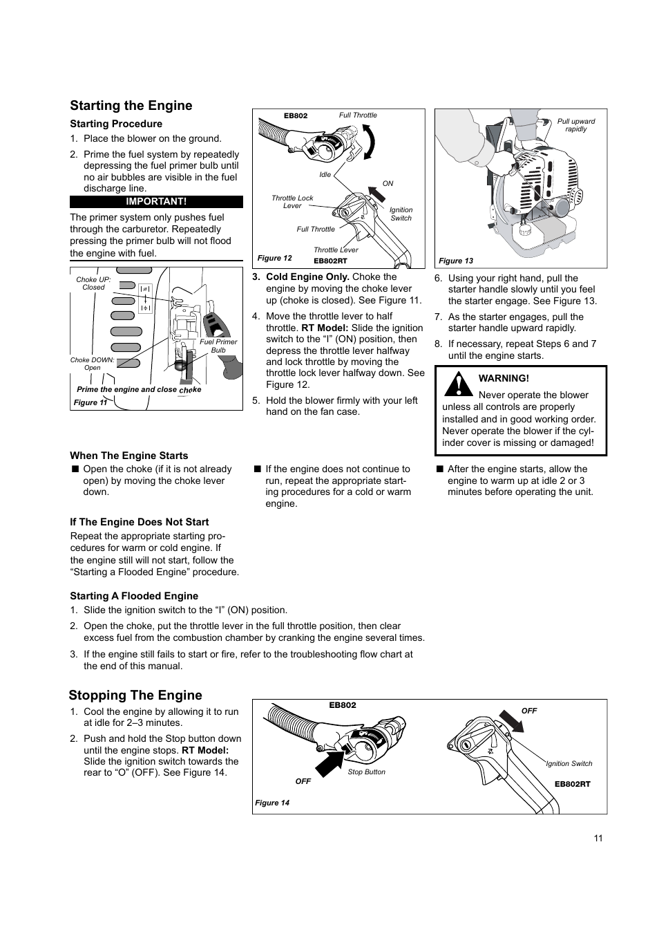 Starting the engine stopping the engine | Shindaiwa EB802 User Manual | Page 11 / 24