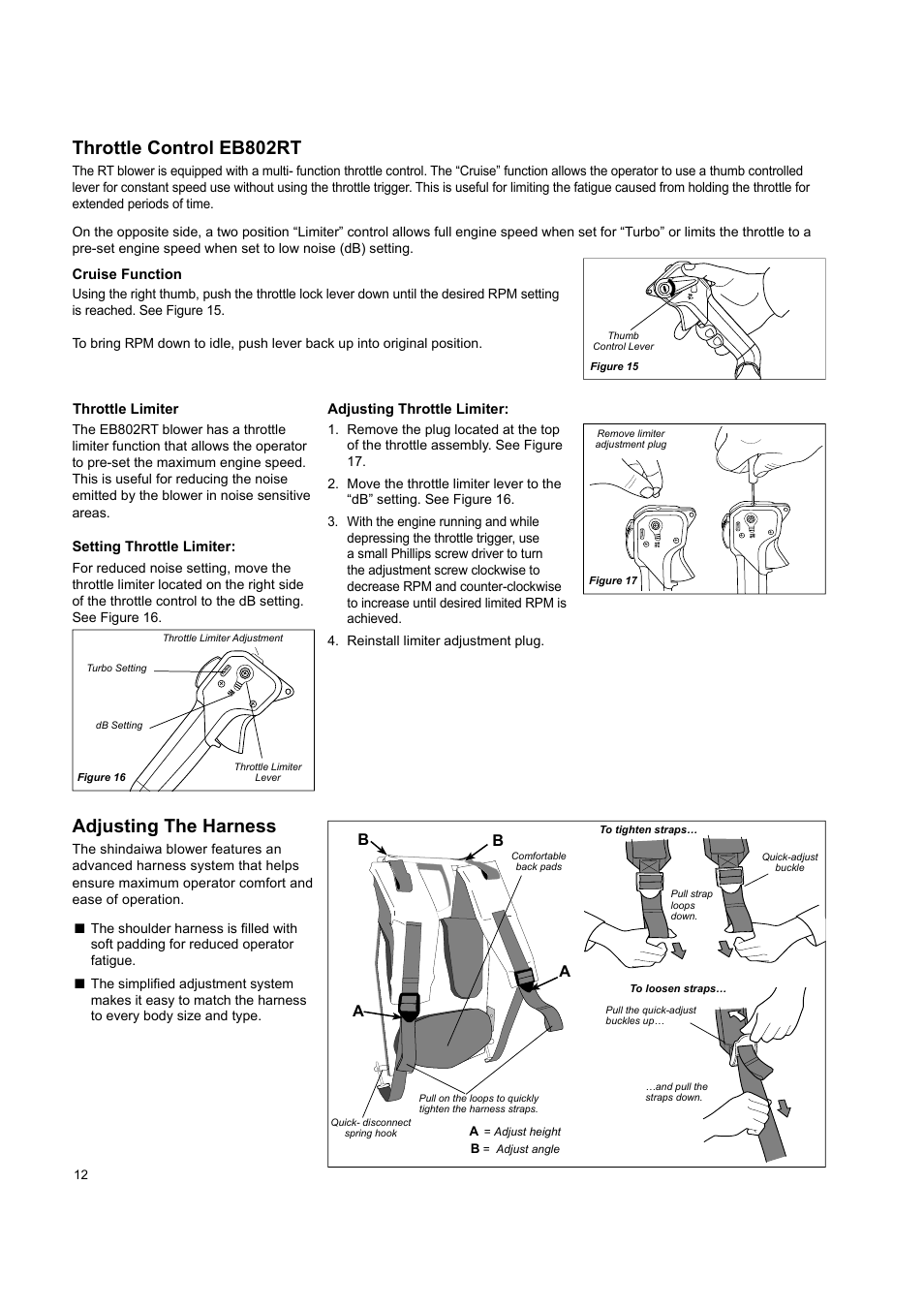 Throttle control eb802rt, Adjusting the harness, Ba a | Shindaiwa EB802 User Manual | Page 12 / 24