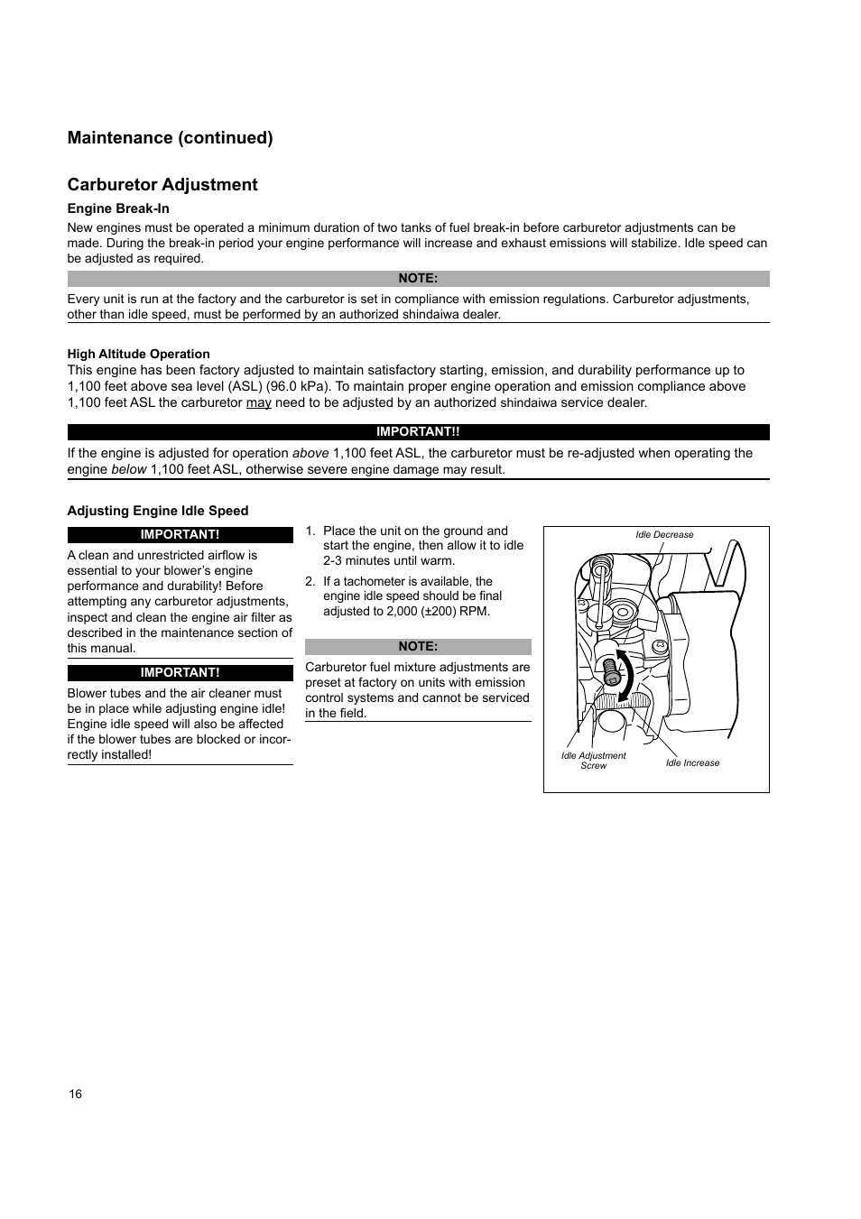 Maintenance (continued), Carburetor adjustment | Shindaiwa EB802 User Manual | Page 16 / 24
