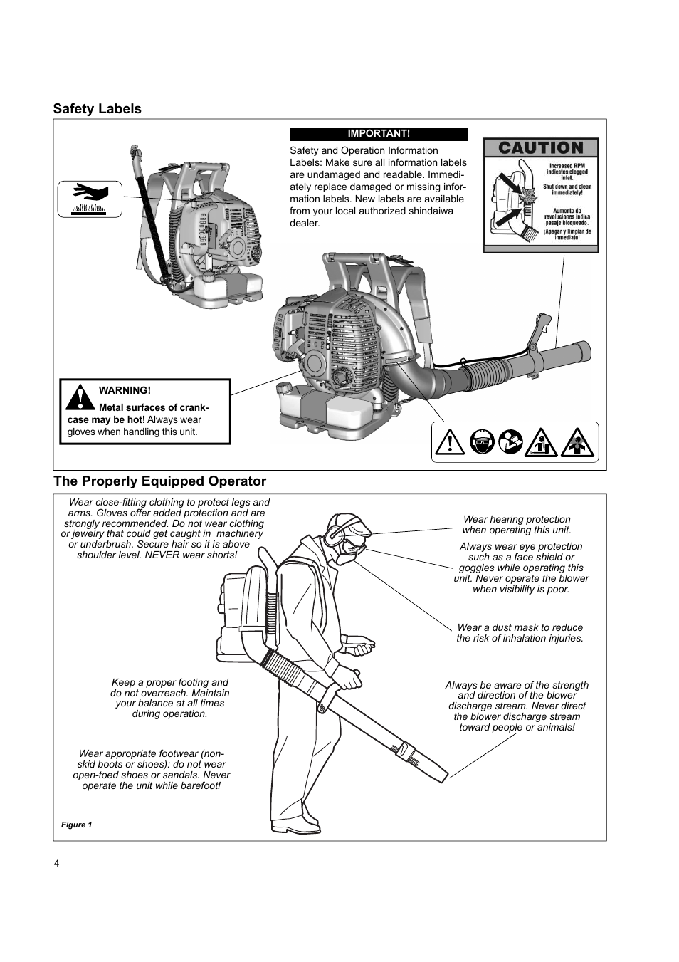 Safety labels, The properly equipped operator | Shindaiwa EB802 User Manual | Page 4 / 24