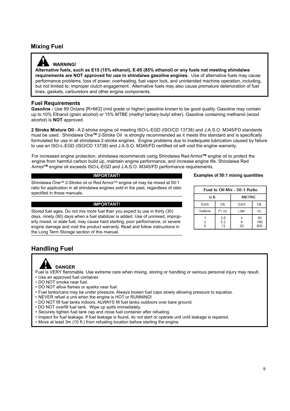 Handling fuel, Mixing fuel | Shindaiwa EB802 User Manual | Page 9 / 24