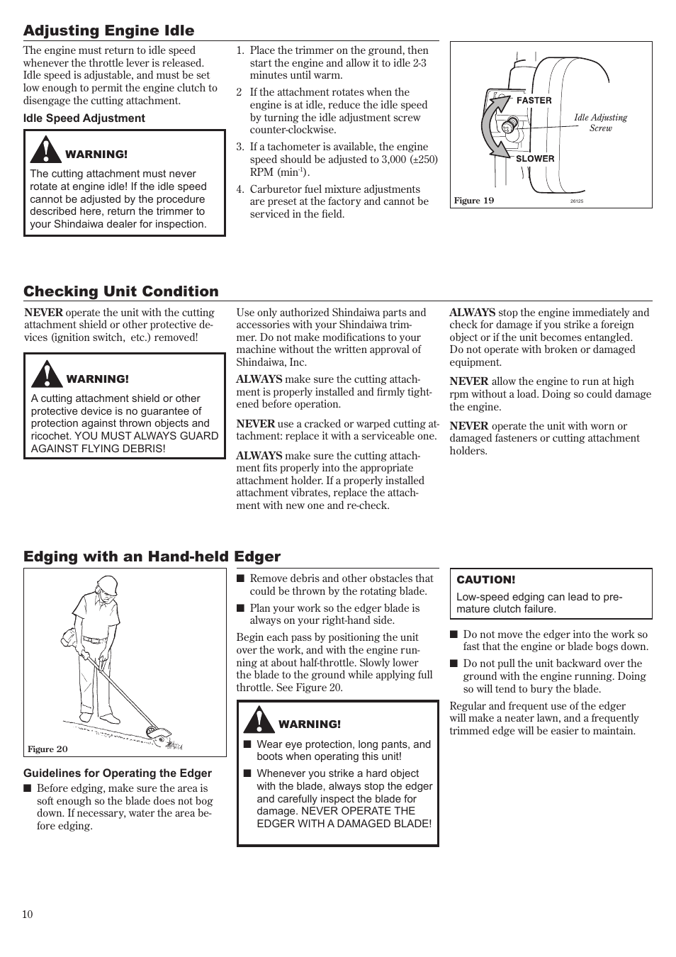 Adjusting engine idle, Checking unit condition, Edging with an hand-held edger | Shindaiwa LE261 User Manual | Page 10 / 20