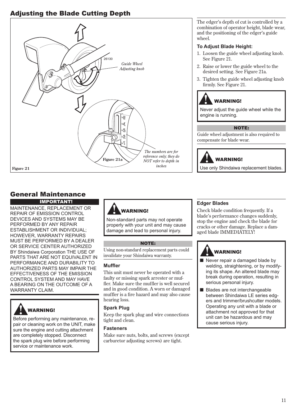 Adjusting the blade cutting depth, General maintenance | Shindaiwa LE261 User Manual | Page 11 / 20