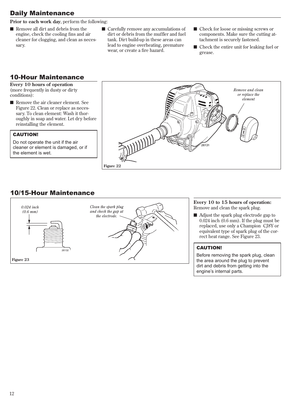 Daily maintenance, Hour maintenance, 10/15-hour maintenance | Shindaiwa LE261 User Manual | Page 12 / 20