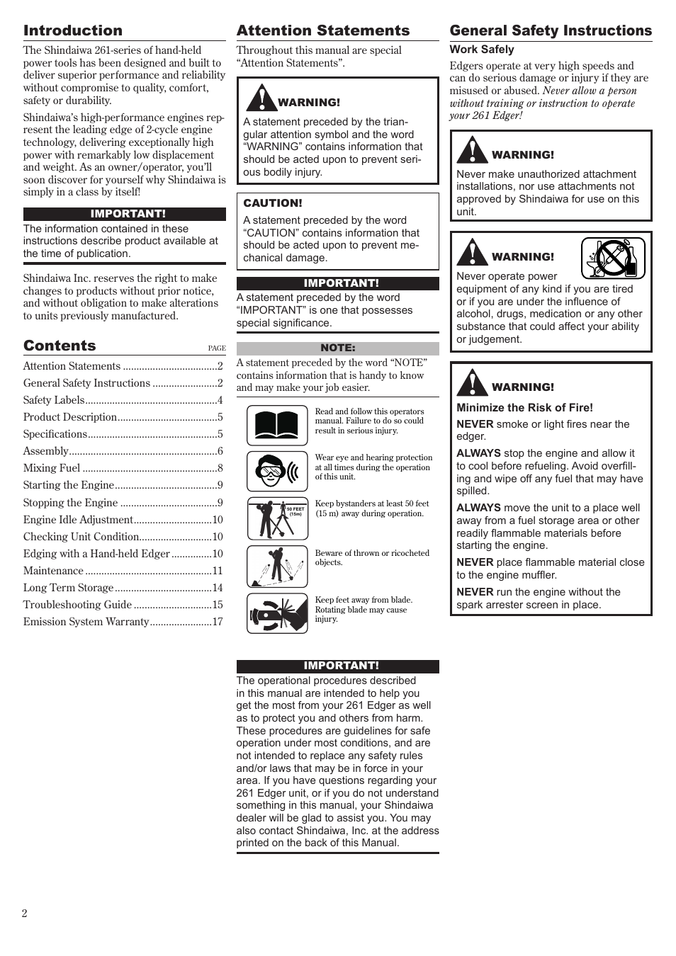 Contents introduction, General safety instructions, Attention statements | Shindaiwa LE261 User Manual | Page 2 / 20