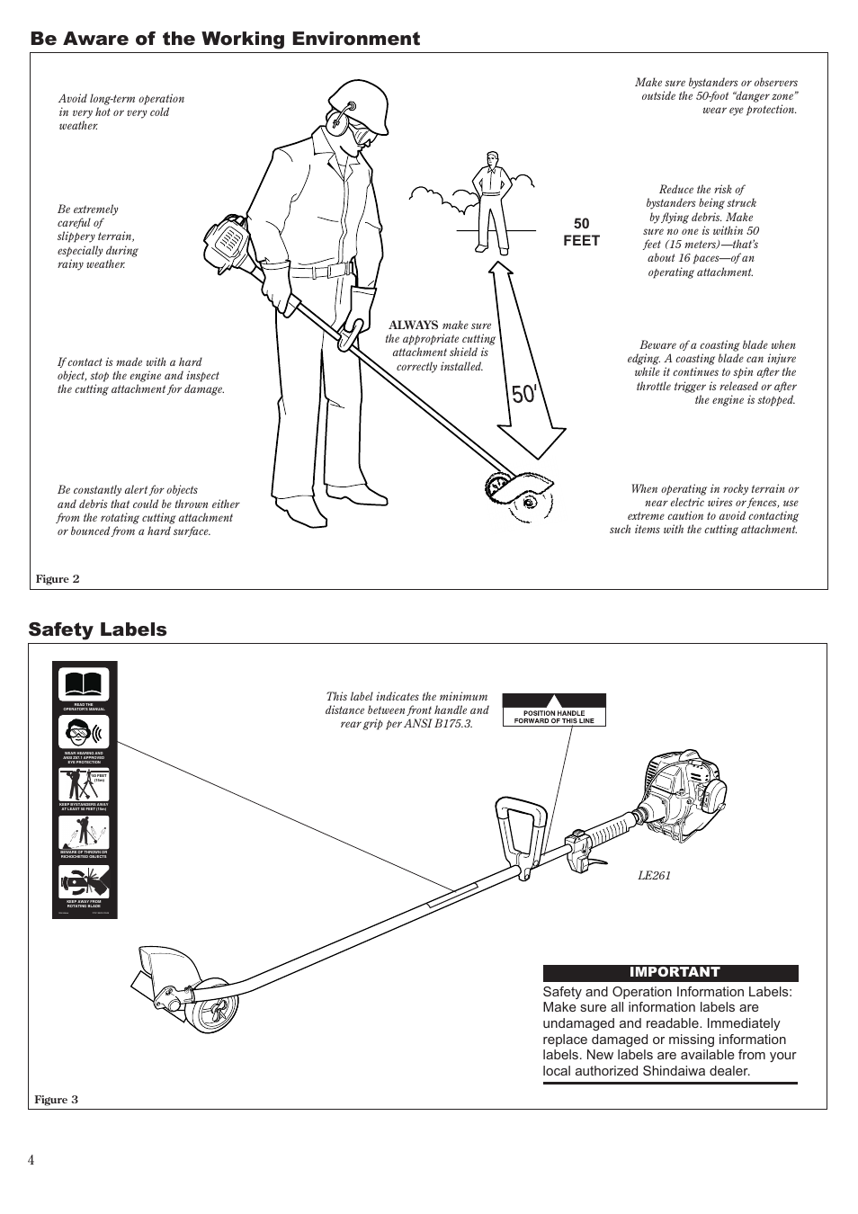 Safety labels, Be aware of the working environment, 50 feet | Shindaiwa LE261 User Manual | Page 4 / 20