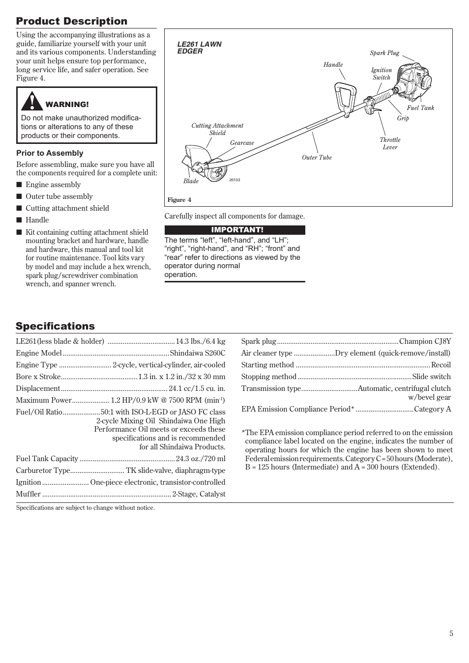 Product description specifications | Shindaiwa LE261 User Manual | Page 5 / 20