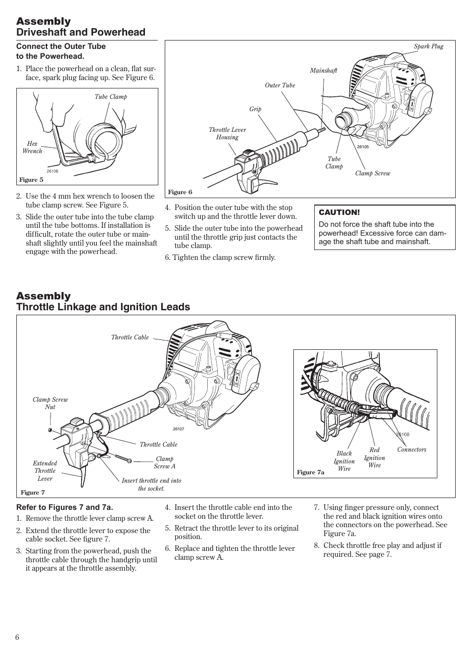 Assembly driveshaft and powerhead, Assembly throttle linkage and ignition leads | Shindaiwa LE261 User Manual | Page 6 / 20