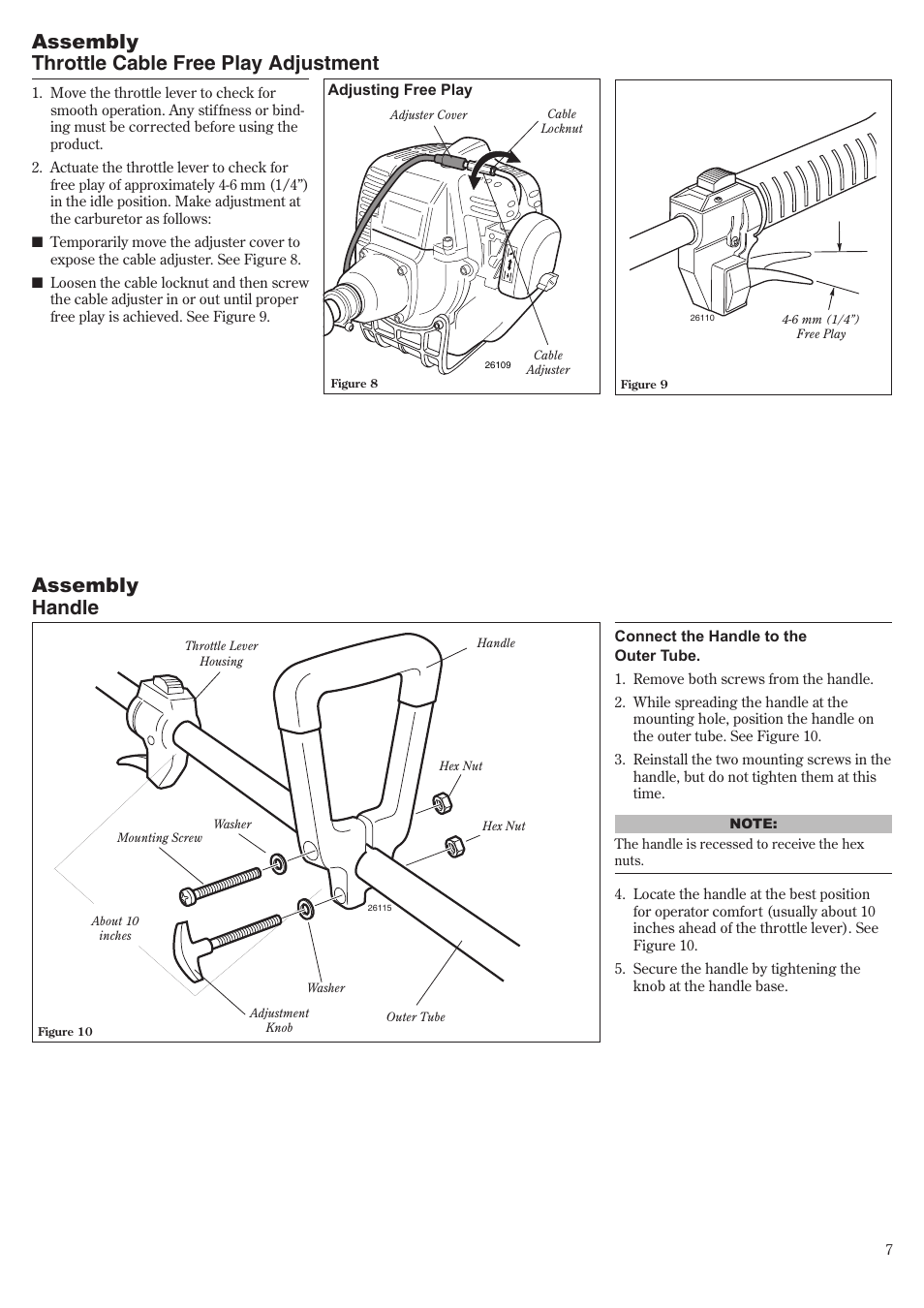 Assembly throttle cable free play adjustment, Assembly handle | Shindaiwa LE261 User Manual | Page 7 / 20