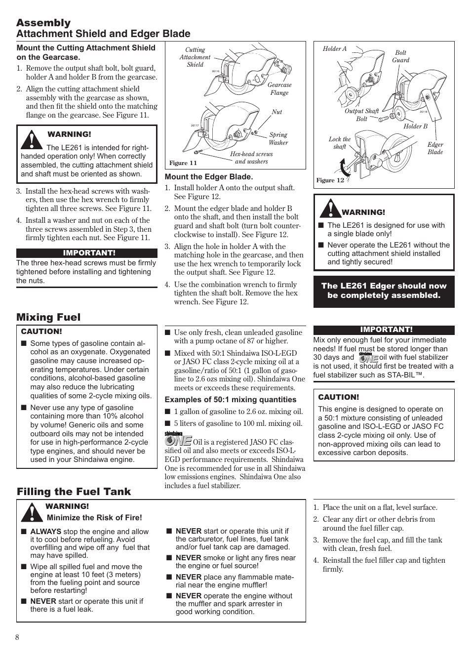 Assembly attachment shield and edger blade, Mixing fuel, Filling the fuel tank | Shindaiwa LE261 User Manual | Page 8 / 20