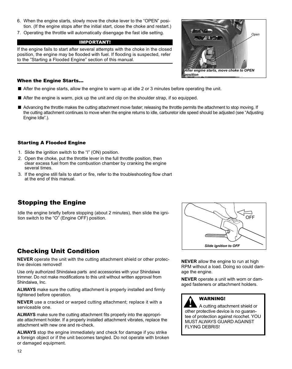 Checking unit condition, Stopping the engine | Shindaiwa X7502831200 User Manual | Page 12 / 28