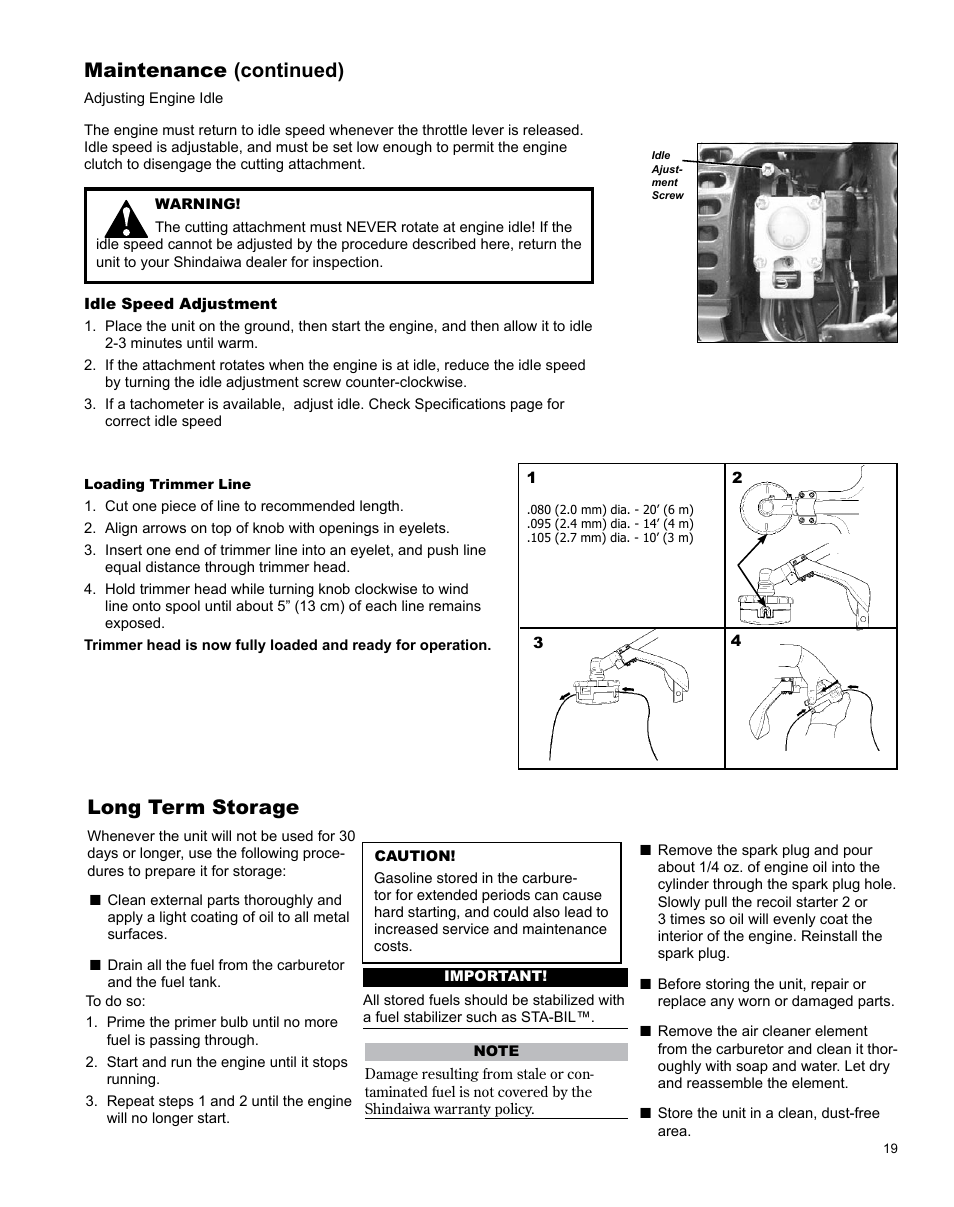 Long term storage, Maintenance (continued) | Shindaiwa X7502831200 User Manual | Page 19 / 28