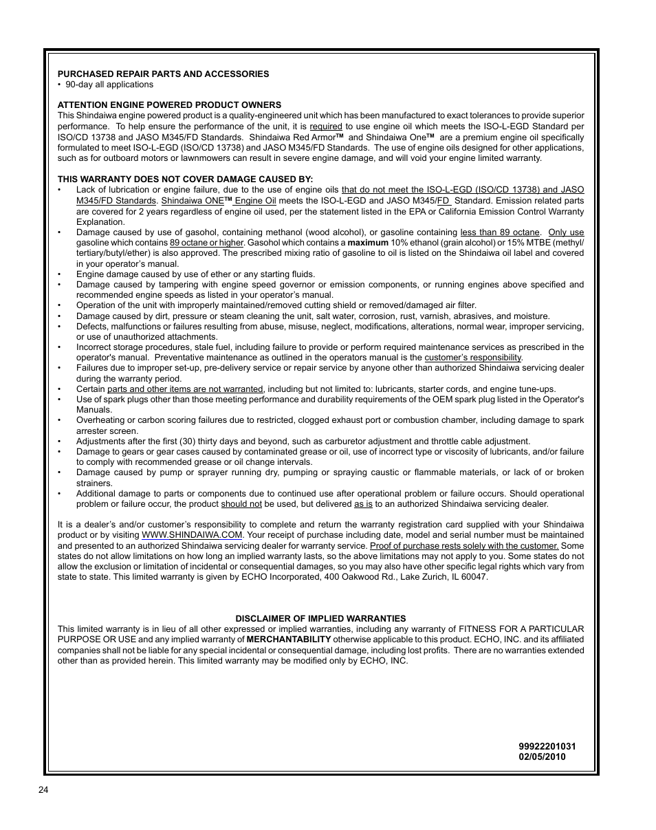 Shindaiwa X7502831200 User Manual | Page 24 / 28
