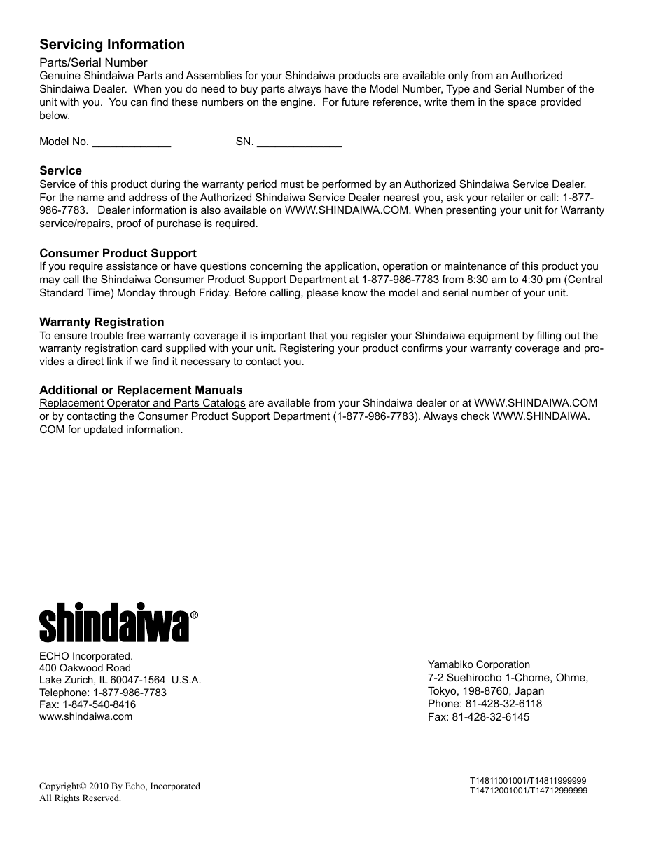 Servicing information | Shindaiwa X7502831200 User Manual | Page 28 / 28